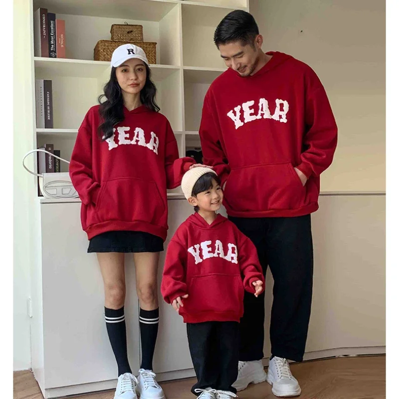 Winter Family Warm Hoodie Father Mother and Children Matching Top Thickened Korean Son Daughter and Dad Mom Hooded Sweatshirt