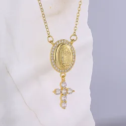 NEWBUY Classical Women's Religious Jewelry Copper CZ Zircon Inlay Virgin Mary Pendant Stainless Steel Chain Necklace
