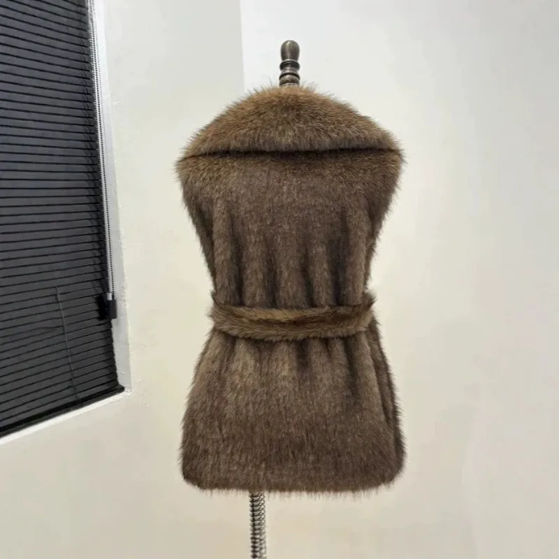 Foreign Trade Fashion Versatile Loose Design Niche Women's Sleeveless Belt-style Vest Fur Vest Coat Simple Warm Women's Clothing