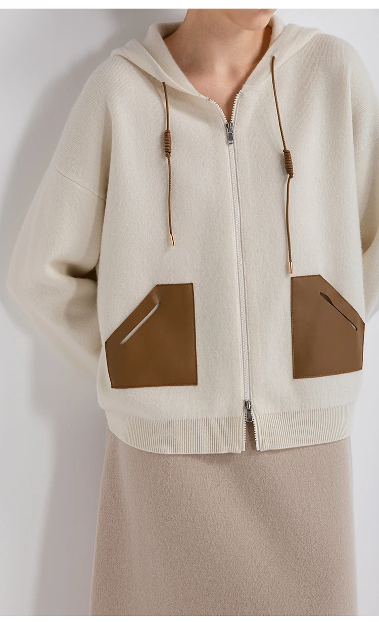 TY862141 Damen Kapuzen-Reißverschluss-Strickjacke aus Wolle-Kaschmir-Mischung, 100% Schafsleder, Tasche, Kordelzug, gerippte Manschette, LP Old Money – Detail 4