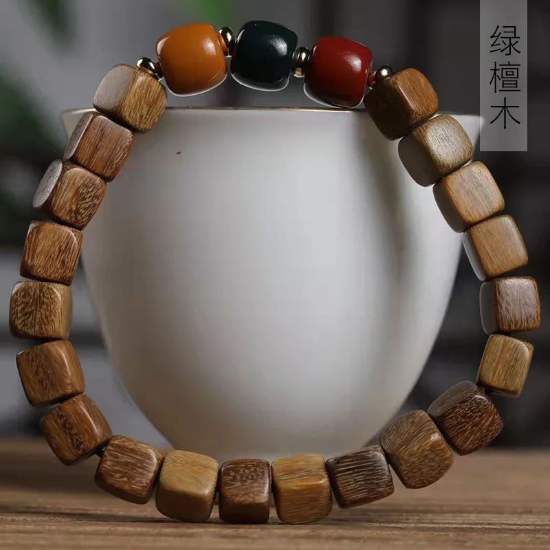 Green Sandalwood Cube DIY Joyful Harmony Bracelet, Unisex Prayer Bead Ornament Jewelry