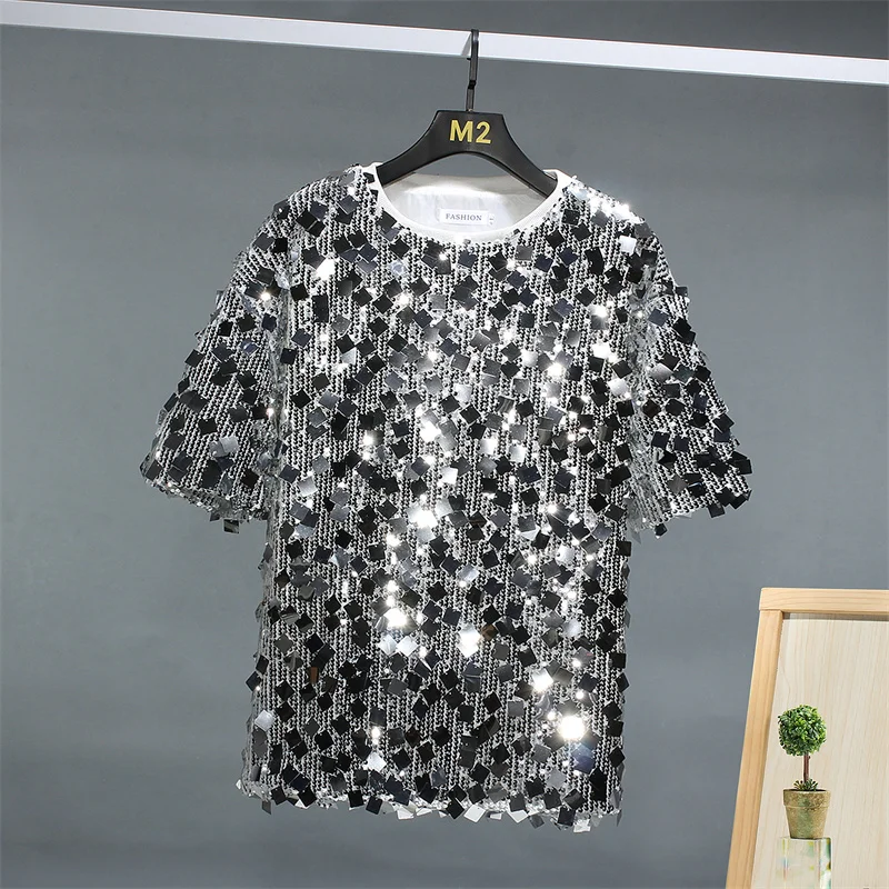 Spring Summer Mens Shiny T-shirts Club Stage Dance Short Sleeve Glitter Sequin T Shirt Women Fashion Trendy Performance Costumes