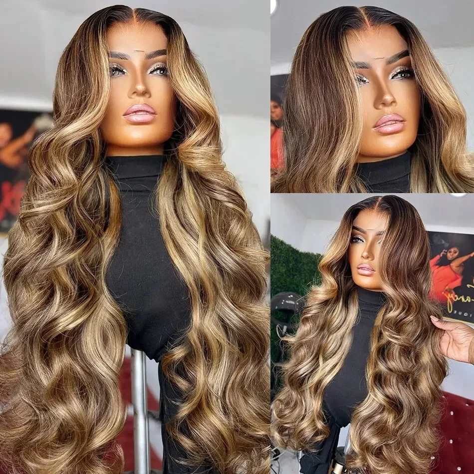 Perruque Lace Front Wig Body Wave Brésilienne Naturelle, Cheveux Humains, Brun, Blond Miel, 13x4, à Reflets Ombrés, 427