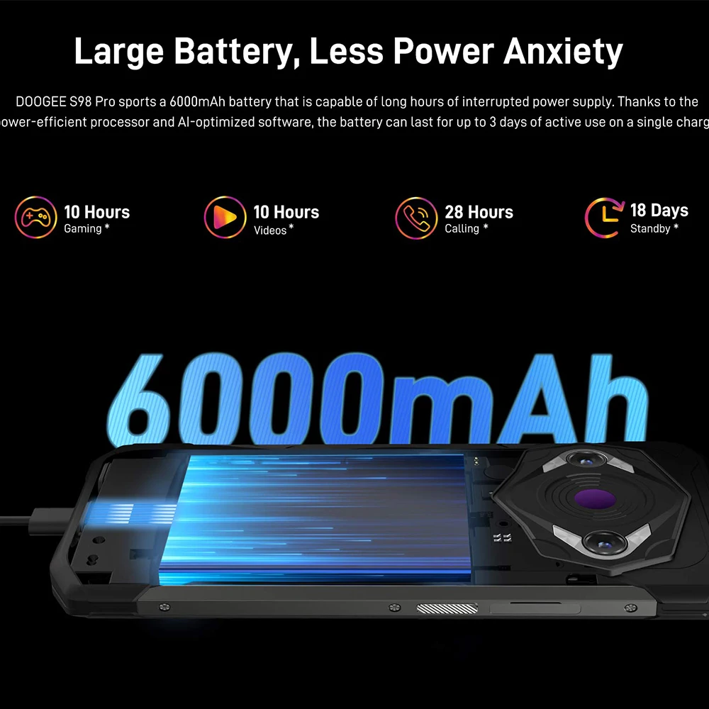 DOOGEE S98 Pro wytrzymały telefon 8 GB + 256 GB 6,3 "FHD + wyświetlacz 6000 mAh bateria 33 W szybkie ładowanie Helio G96 48MP smartfon Android