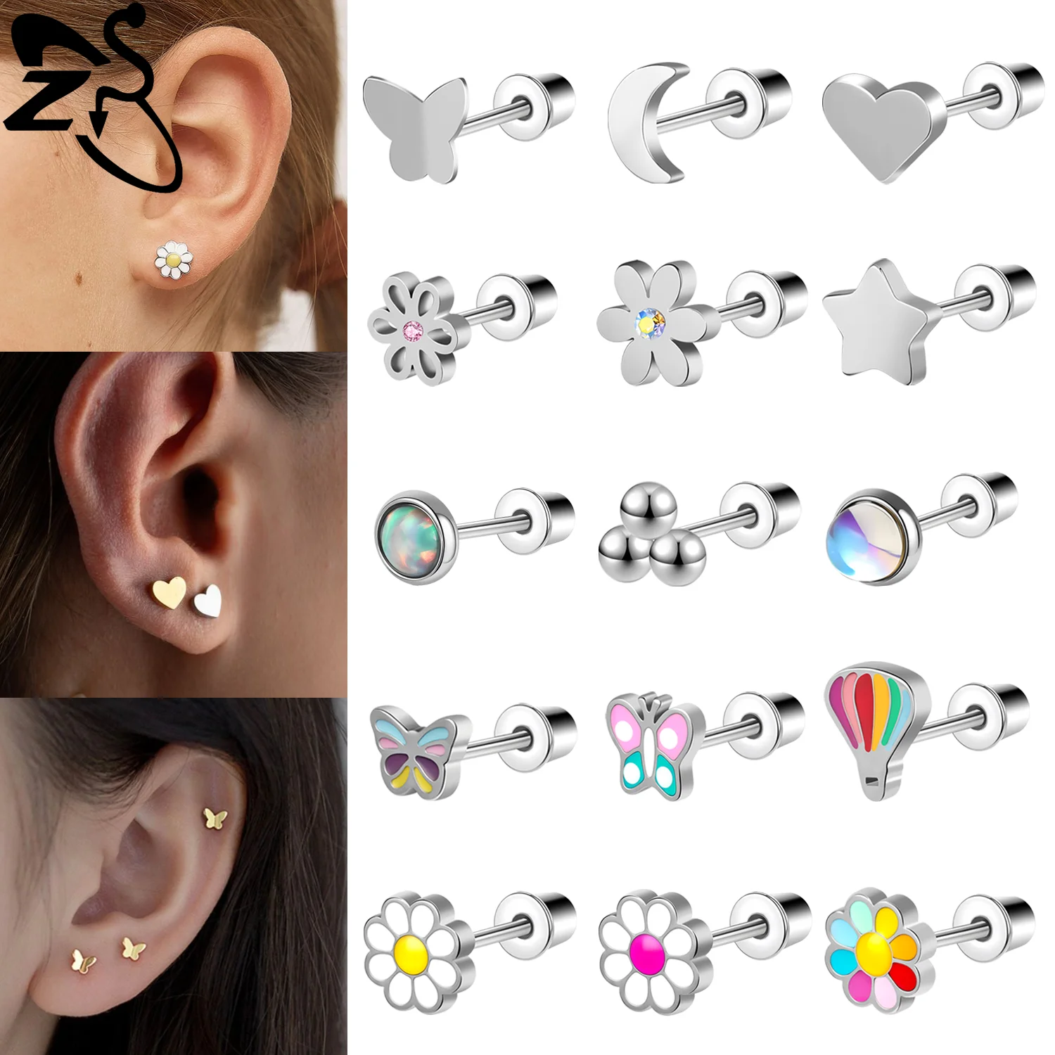 ZS 1 PC 20G Stainless Steel Ear Studs 4/6MM Stud Earring Cute Butterfly Flower Moon Star Shape Helix Cartilage Piercings Jewelry