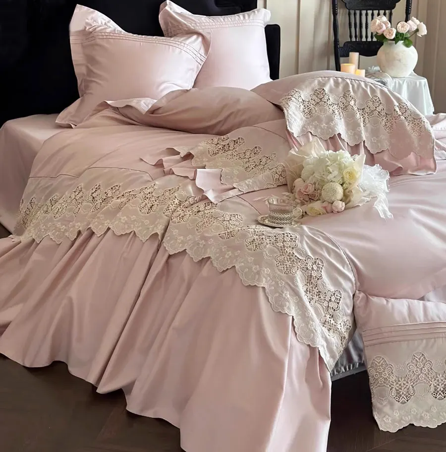 Fairyfair sweet luxury lace pink bedding set,full queen king florid princess cotton home textile sheet pillow case quilt cover