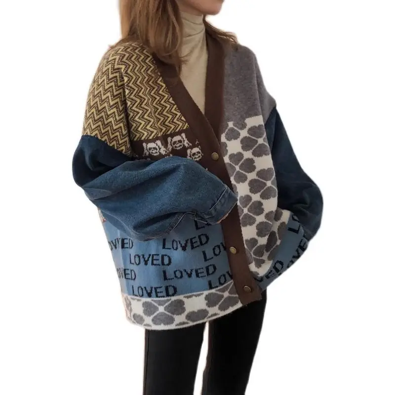 الأمريكية الرجعية الدنيم المرقعة سترة المرأة 2025 الخريف/الشتاء سترة النسخة الكورية فضفاضة متماسكة سترة