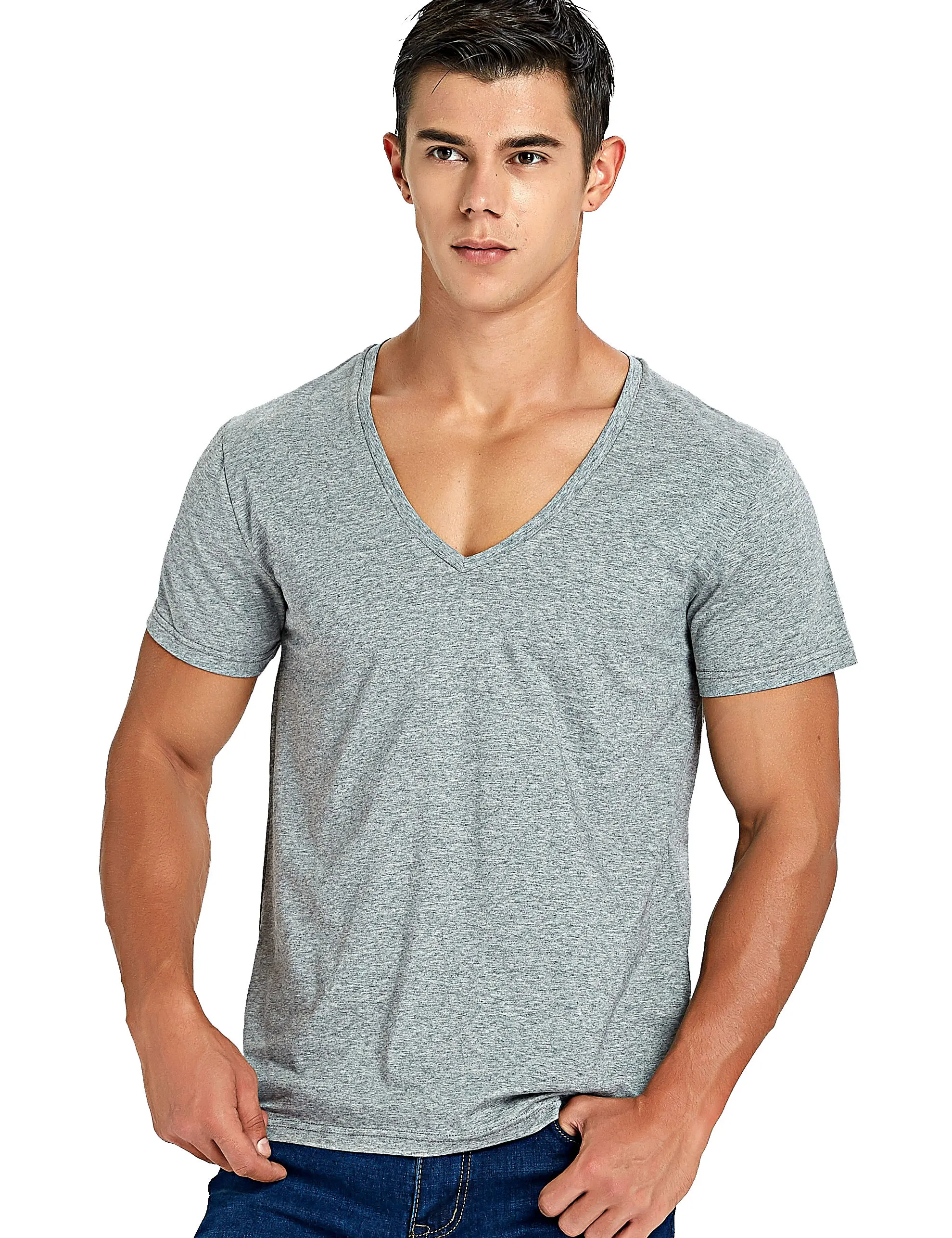 Stretch Deep V Neck T Shirt for Men Low Cut Vneck Vee Top Tees Slim Fit Short Sleeve Fashion Male Tshirt Invisible Undershirt