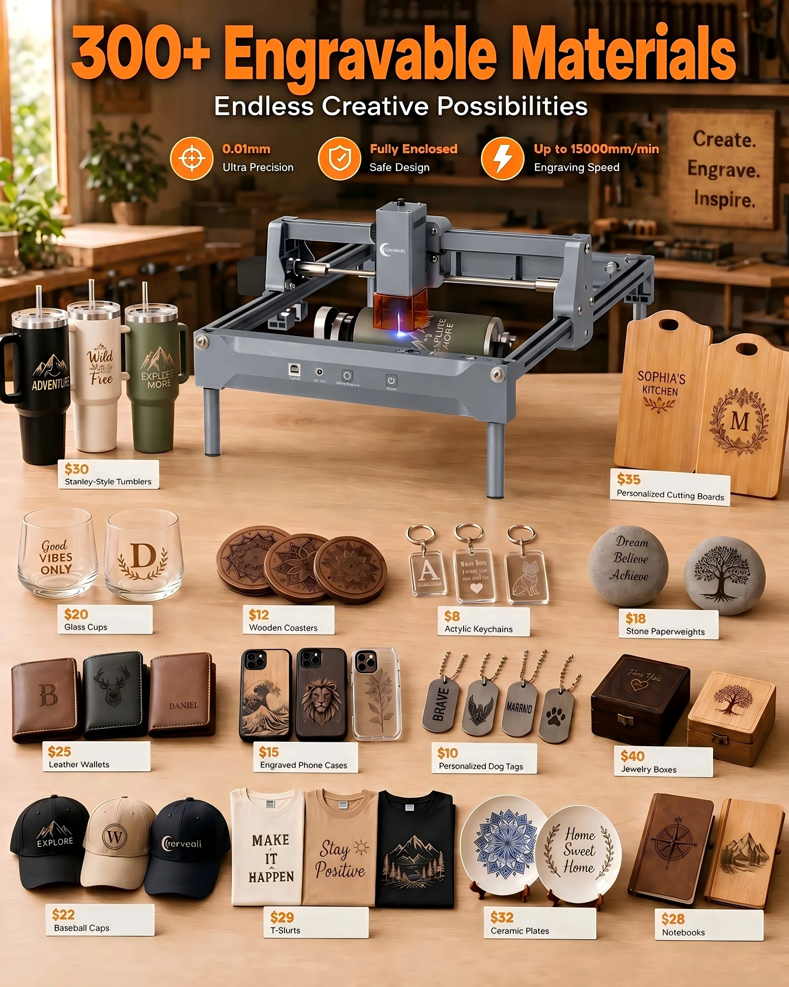 Carverall K15PRO 10W Diode Laser Engraver Cutter, Desktop CNC Laser Engraving Machine for Wood Acrylic Leather Coated Metal Cards Glass Surface Gifts Signs Photo Logo Keychains DIY Crafts Small Business, 200x300mm, App Control, Free Software - view 5