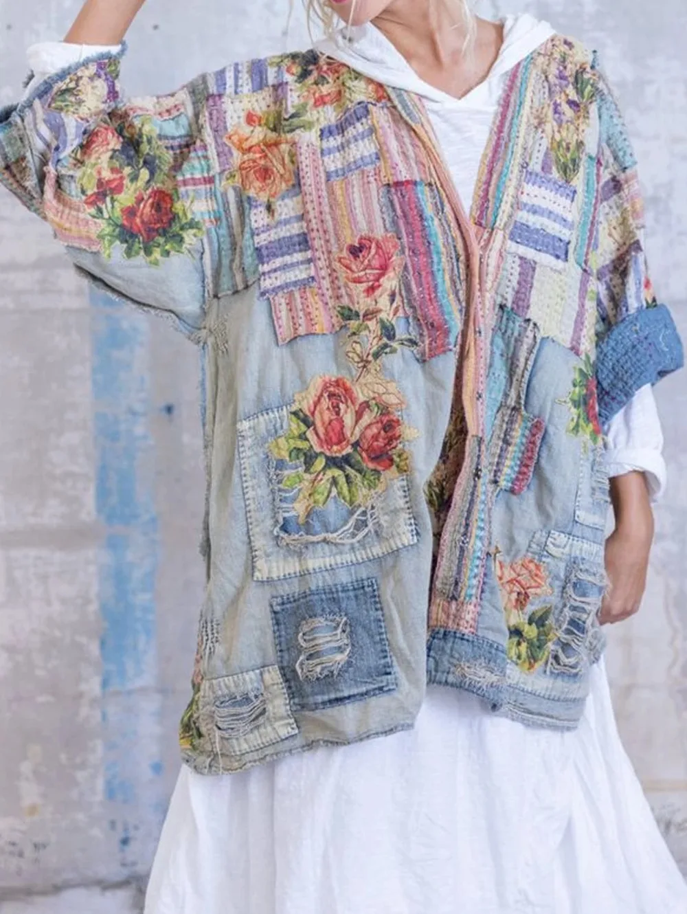 Women's Vintage Patchwork Denim Jacket Floral Print Distressed Frayed Edge Open Front Loose Long Sleeve Casual Outerwear Coat