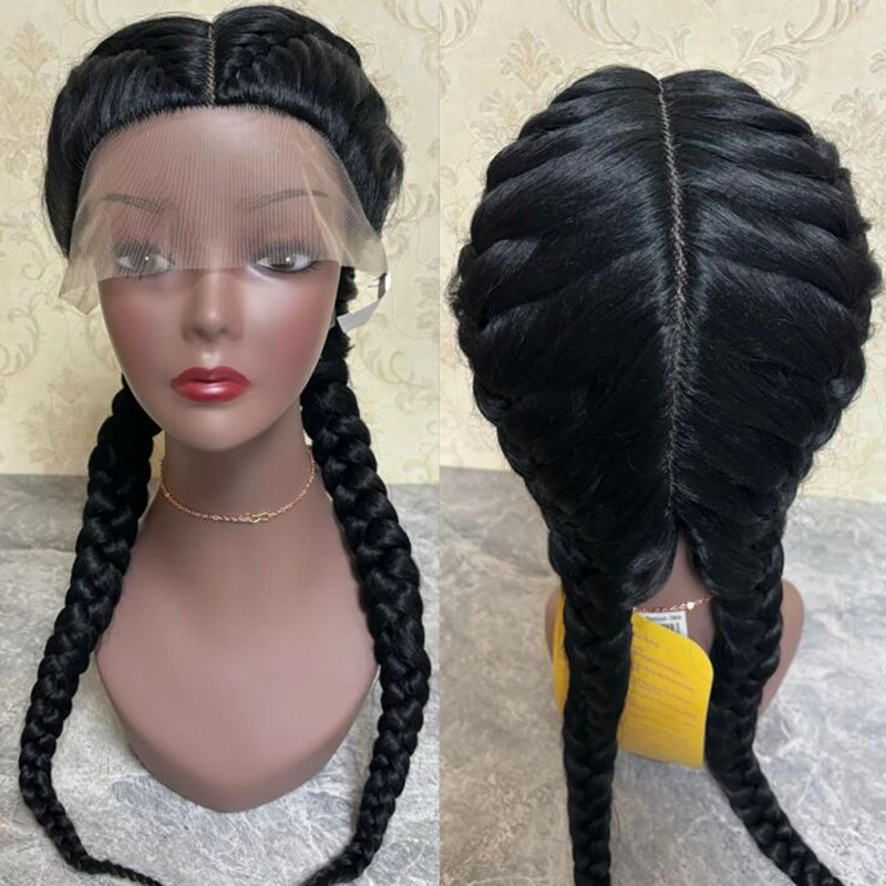 Natural Lace Frontal Wigs Lady 2 Box Braids Lace Wig Full Hand Braided Synthetic Fiber Hair Wig For Afro Black Women Full Lace