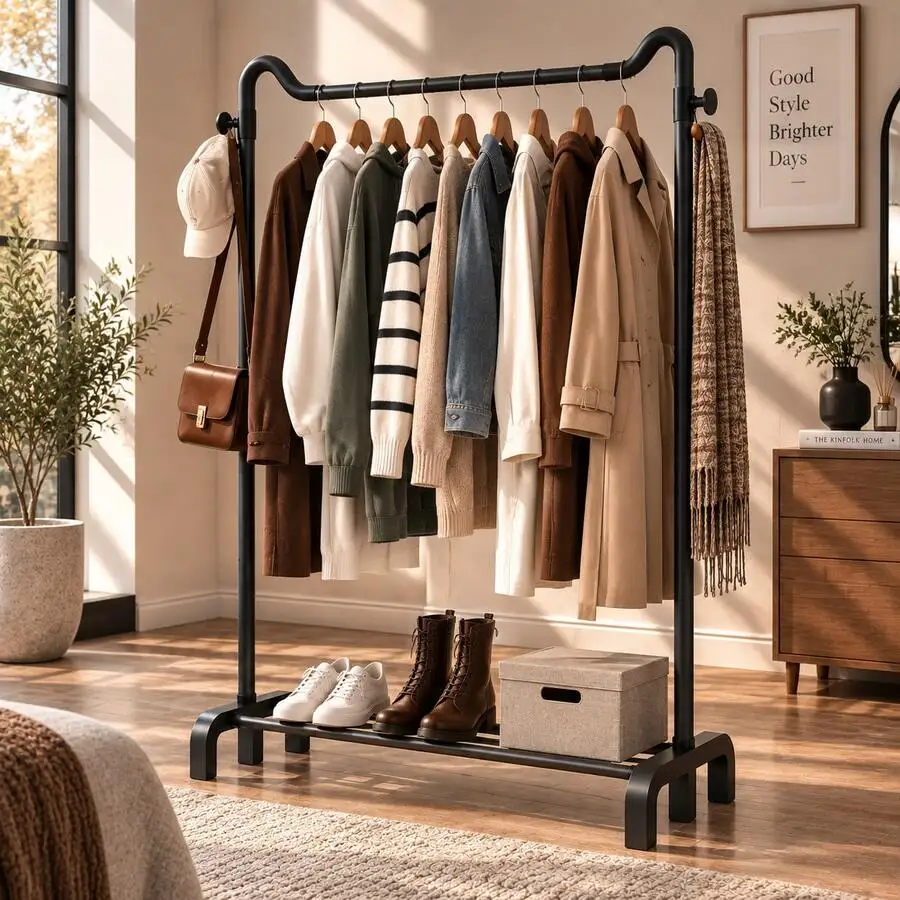 Freestanding Carbon Steel Garment Rack With Double Side Hooks And 2 Bottom Storage Bars, U-Shaped Base, Clothing Rack And Clothe