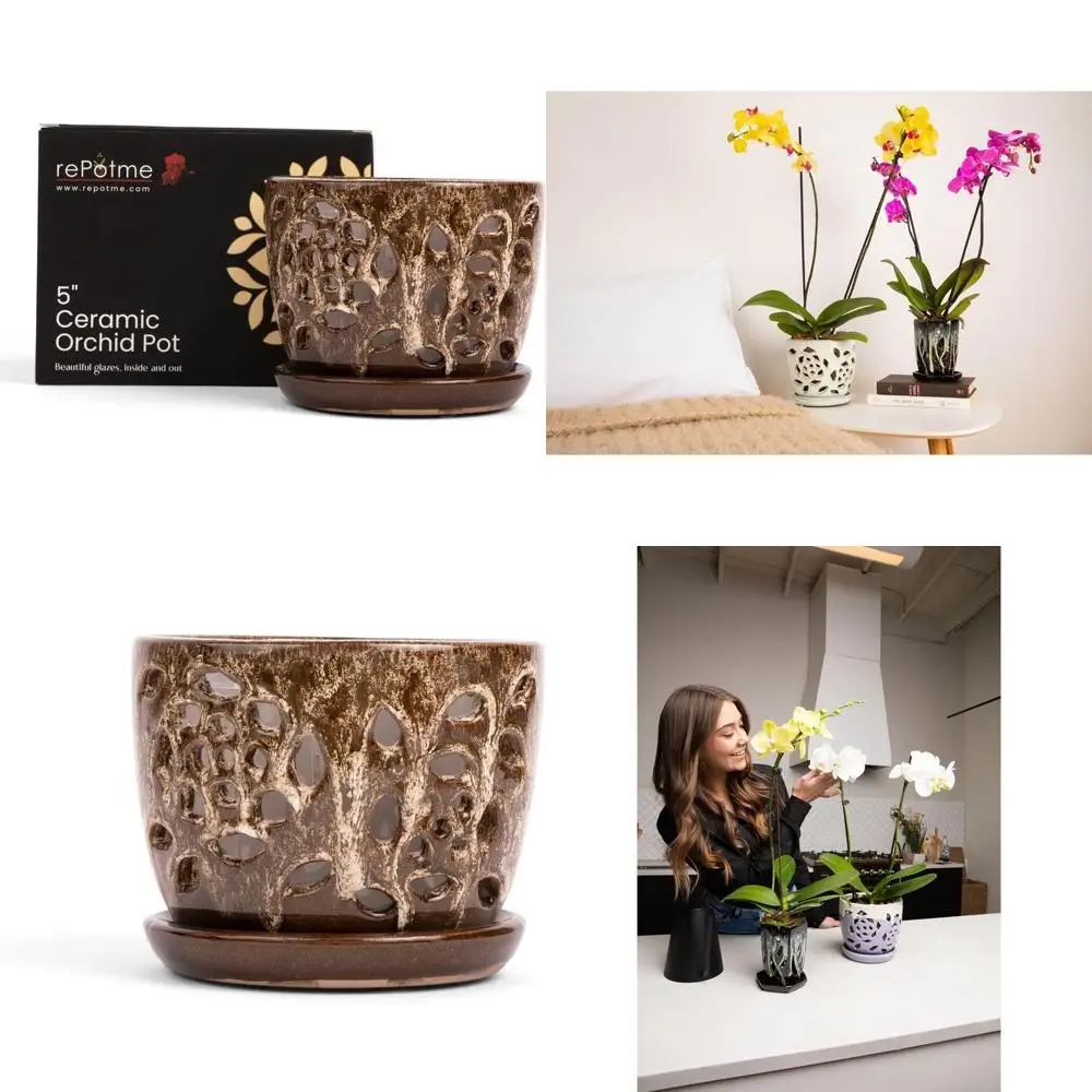 

Керамический горшок для орхидей 5 дюймов с дренажными отверстиями, цвет кремово-каштановый, в комплекте с перфорированным вкладышем для горшка