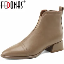 as botki damskie FEDONAS Basic Concise Genuine Leather Shoes Woman Thick Heels Side Zipper Pointed Toe Casual Office Lady 2024