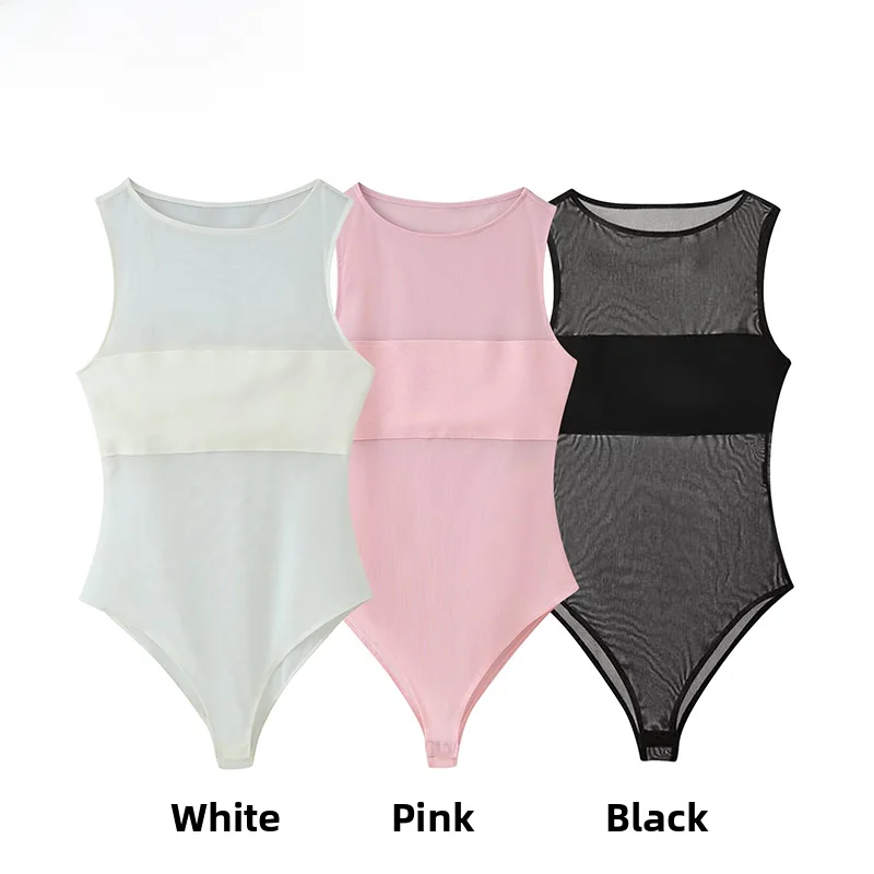 

Новинка весны: Женский комбинезон ZR, модный, с пэчворком и шелковой сеткой, 5039371621, с высокой талией, прямые короткие брюки, полиэстер