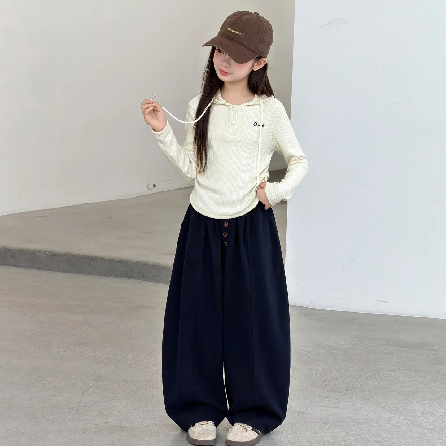 2026 Autumn Winter Girls Children Set Jacket Narrow Waist Teens Crop Top Hooded + Wide Leg Pant Tracksuit 4 5 6 8 10 12 14 Year