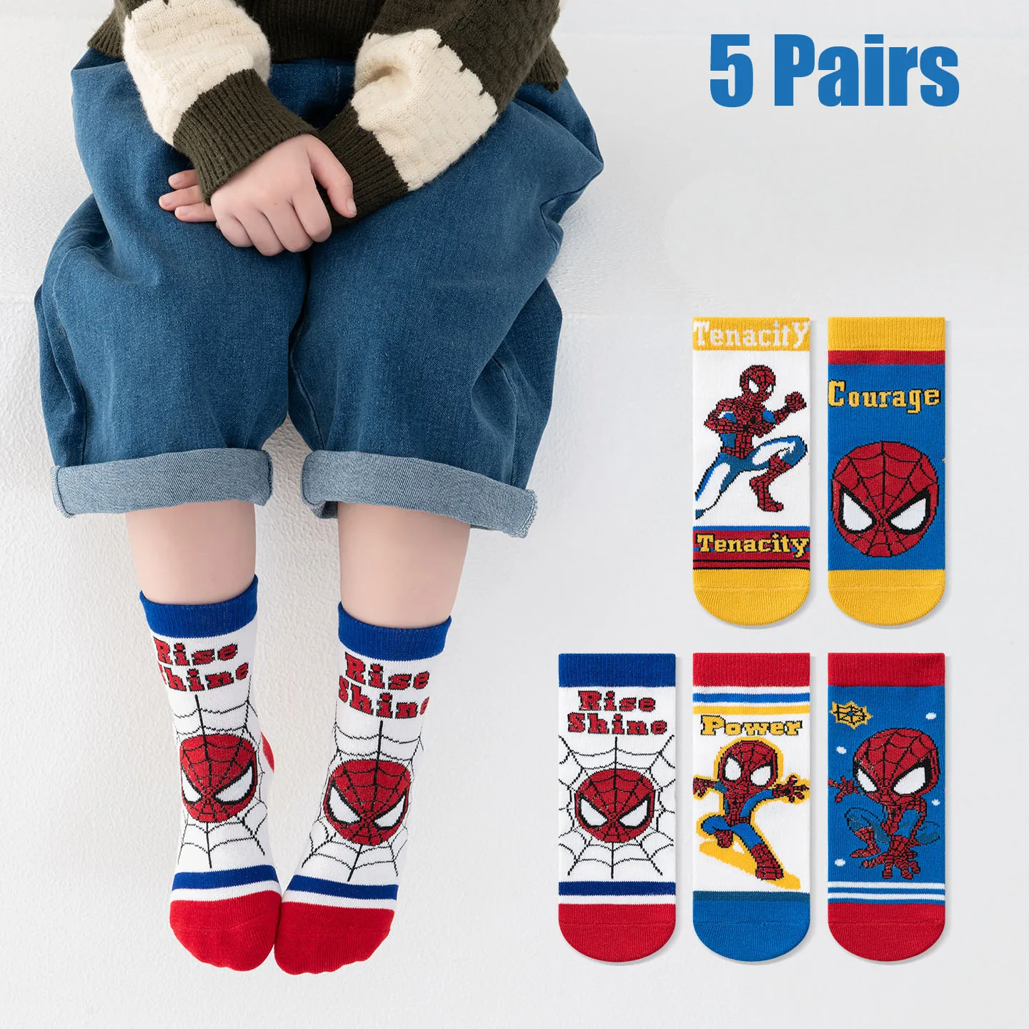 5 pares de calcetines de Marvel Spiderman para niño, calcetines de dibujos animados para niños, calcetines de tubo medio para primavera y otoño, calcetines bonitos de algodón para niños, talla 1-8 años