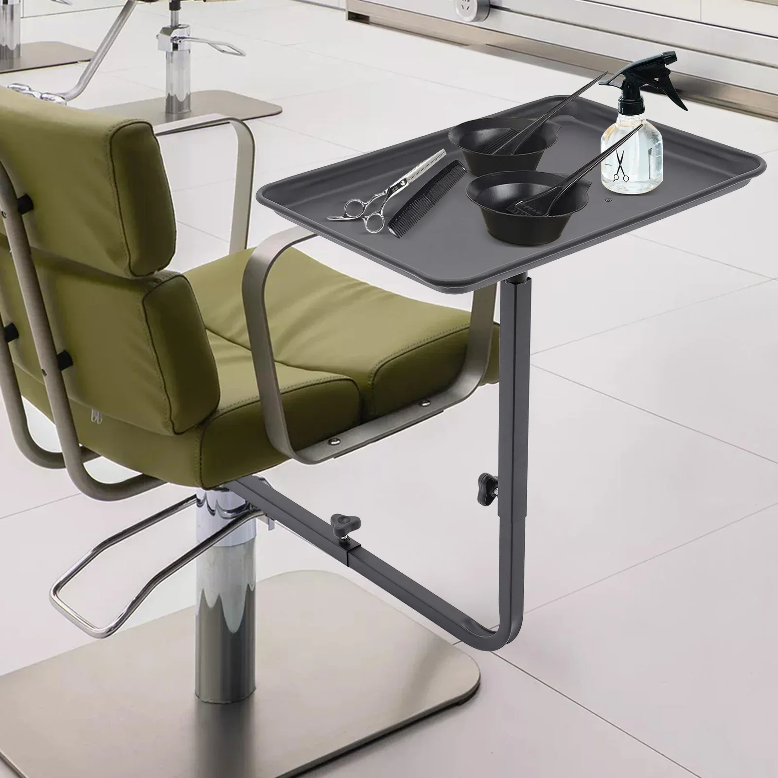 

360° Rotating Chair-Mounted Salon Tray | 45x33cm Aluminum Stylist Tray for Barber Chairs, 30kg Load & Adjustable Bracket (Black)