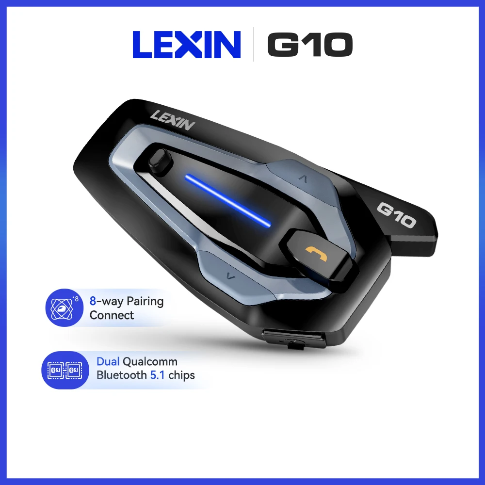 NUEVO-Intercomunicador para Casco de Motocicleta LEXIN G10, Intercomunicador Bluetooth para 8 Motociclistas, Multitarea de Audio, Emparejamiento Universal, Uso Compartido de Música, 1200 mAh