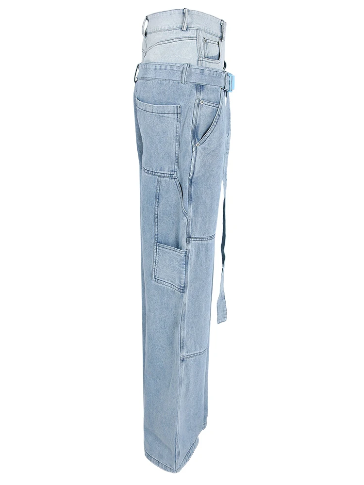 [EAM] High Waist Spliced Denim Belt Personality Wide Leg Jeans New Women Trousers Fashion Tide Spring Autumn 2024 LM092105