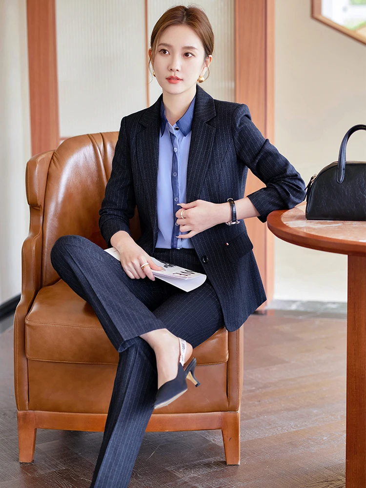 Blue Black Stripe Ladies Formal Pant Suit 2 Piece Set Women Female Autumn Winter Business Work Wear Jacket Blazer and Trouser