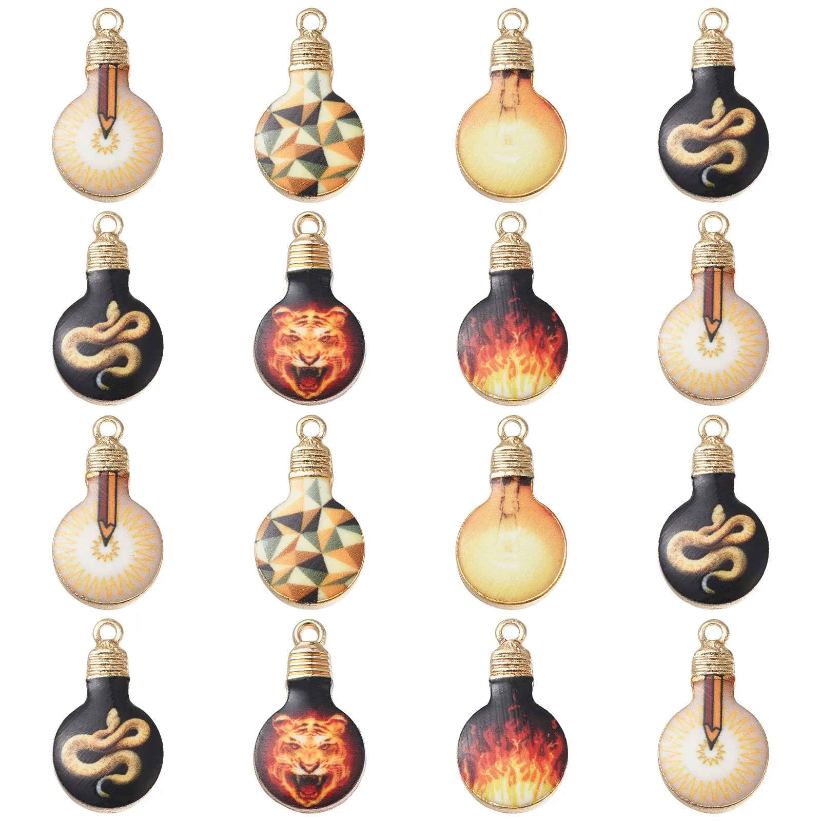 30Pcs 6 Styles Fun Light Bulb Charms Enamel Printed Snake Tiger Fire Patterns Bulb Charms for Jewelry Making Accessories