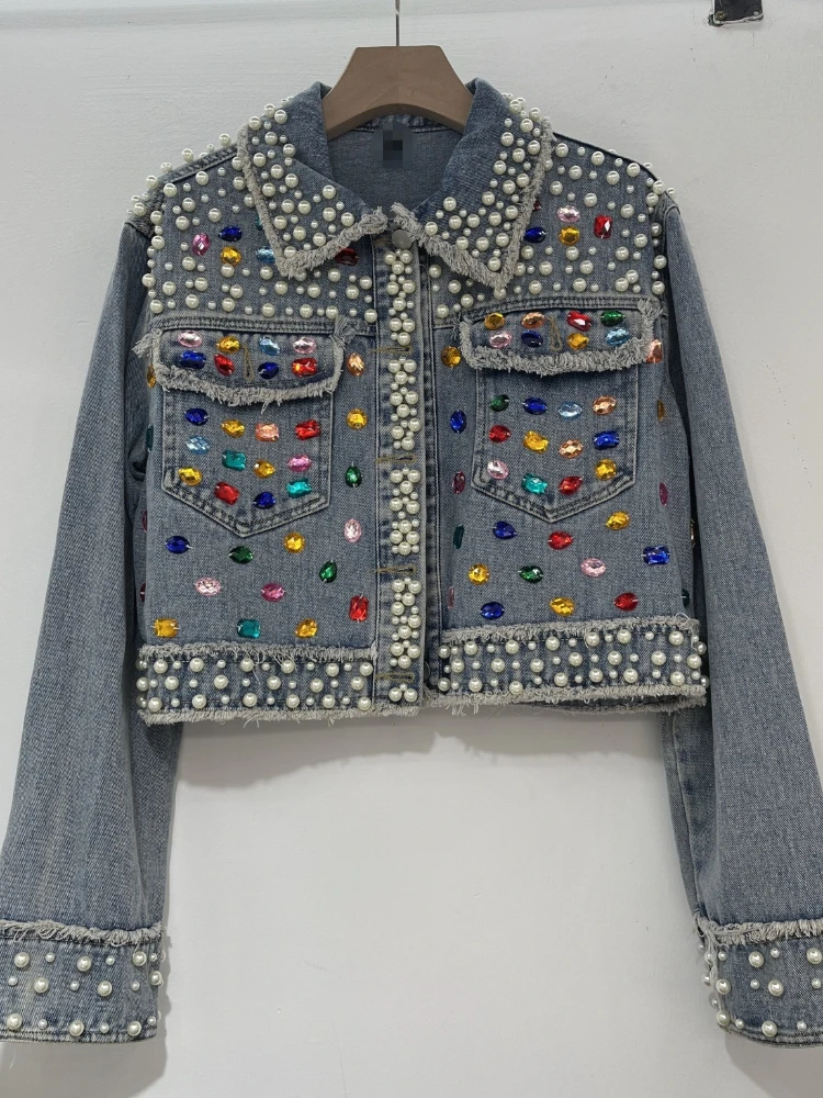 Women Denim Coats Turn Down Collar Jackets Pearls Beaded Frayed Full Sleeve Vintage Y2k Streetwear Casual Jacket 2026 Spring