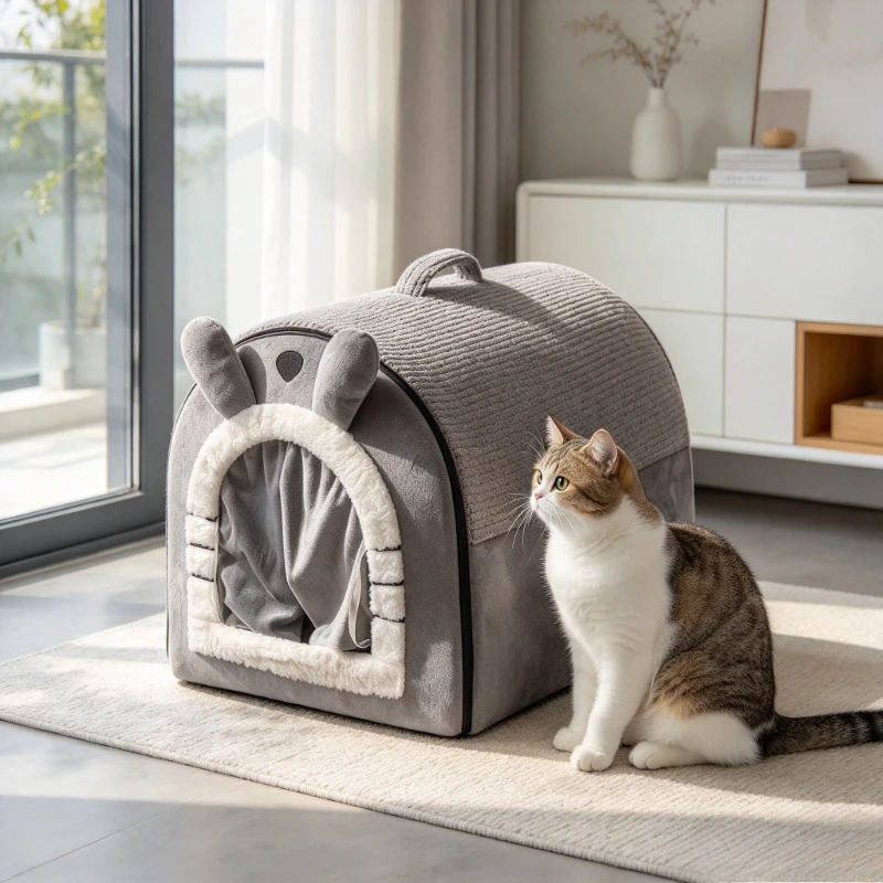 Heated Cat Bed, Smart Thermostatic Enclosed Cat House, Washable Adjustable Anti-Slip for All-Season Warm, Dogs Cats Home Use
