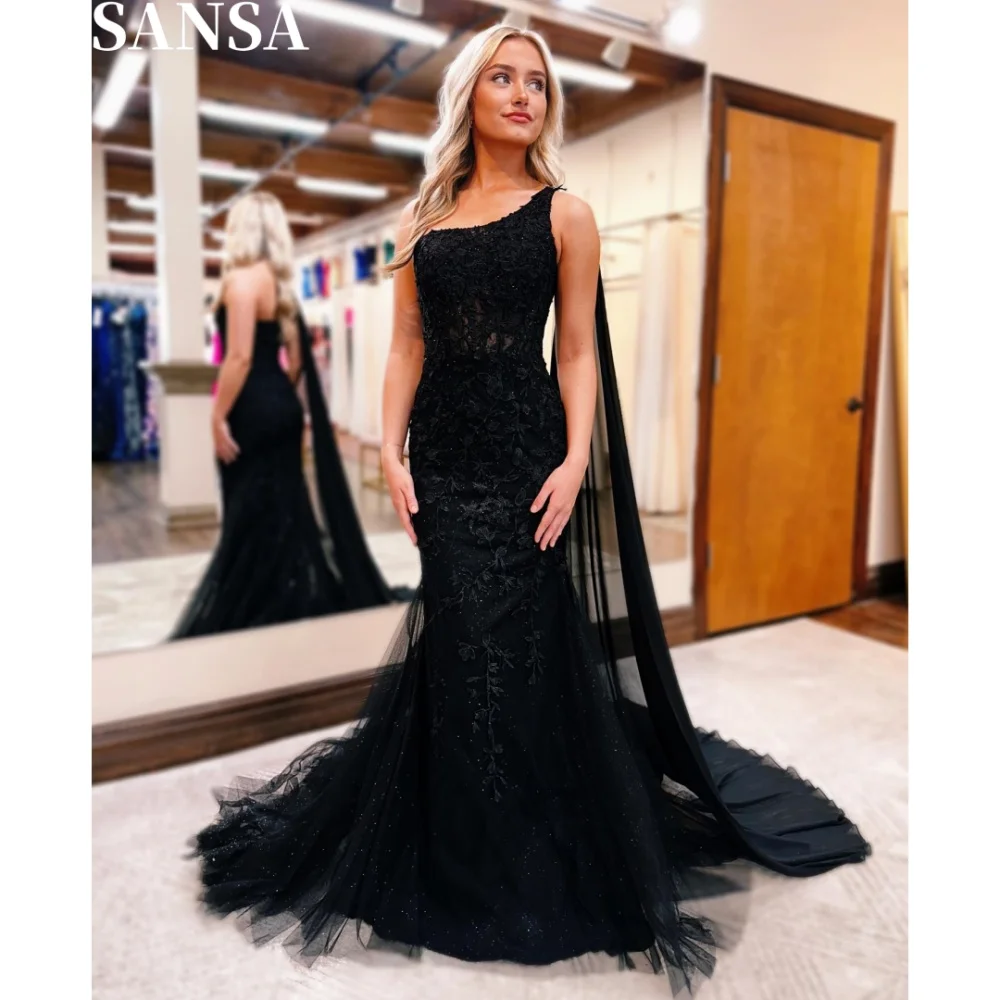 Sansa Formal Embroidery A-line Lace Porm Dress Customized Floor-Length Strapless Wedding Dresses One Shoulder Vestidos De Fiesta