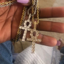 HipHop Ankh Cross Necklace For Men Women Stainless Steel Chain Iced Out Pendant Gold Color Jewellery Accessories OHP001