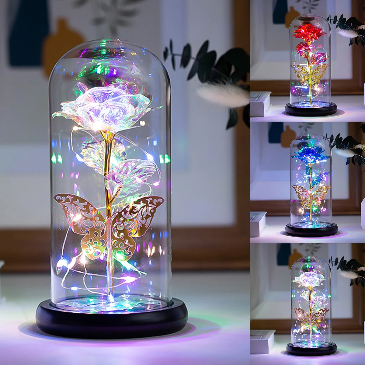 Rose Light Artificial Galaxy Rose Lamp with Butterfly and Colorful LED Rose Flowers In Glass Battery Powered Gifts for Women