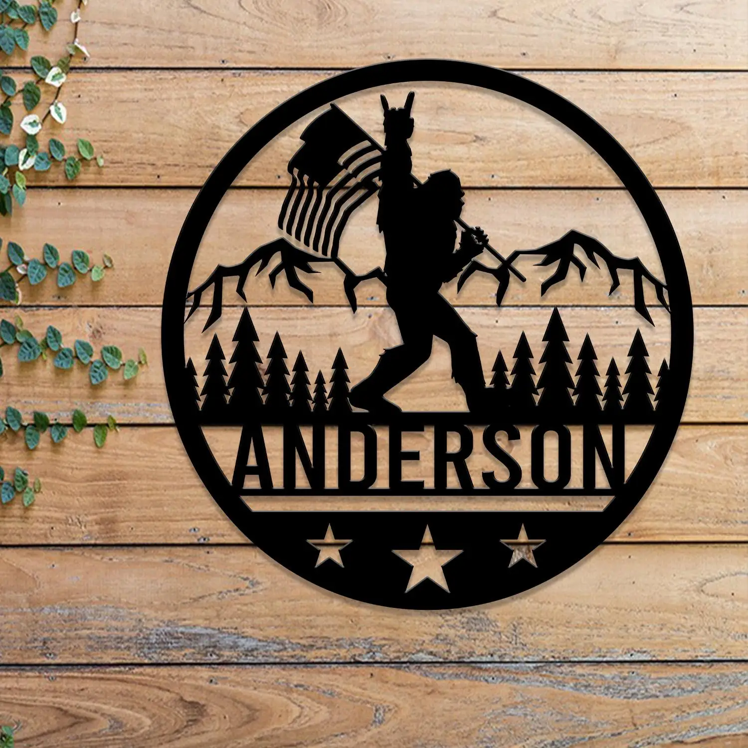 

Outdoor Sasquatch with US Flag Metal Sign Custom Bigfoot Mountain Yard Art Metal Yeti Decor Personalized Bigfoot Yard Sign