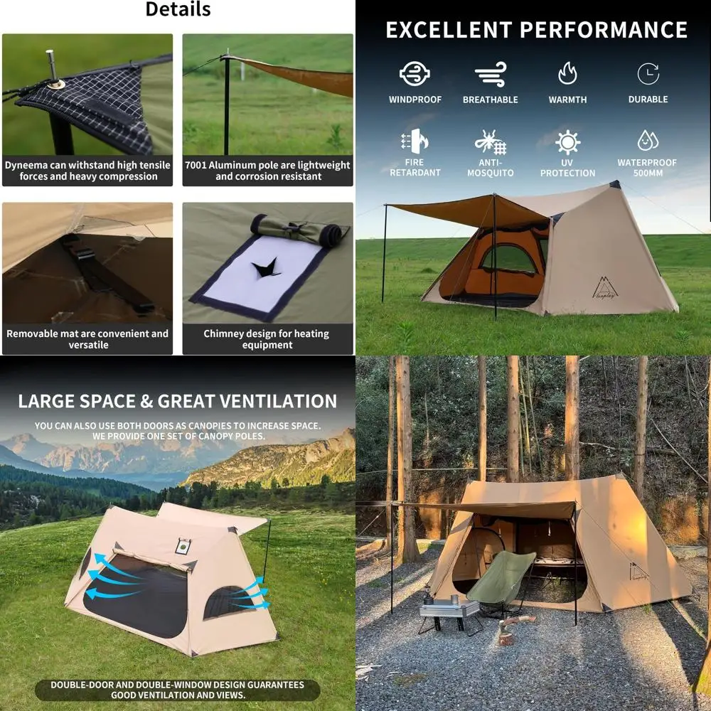 

TENPLAY 210gsm TC Canvas Shelter,Waterproof 500mm,Camping Tent,1-2Person Backpacking Tent,Double Door&Window,Stove Jack,Fire-Ret