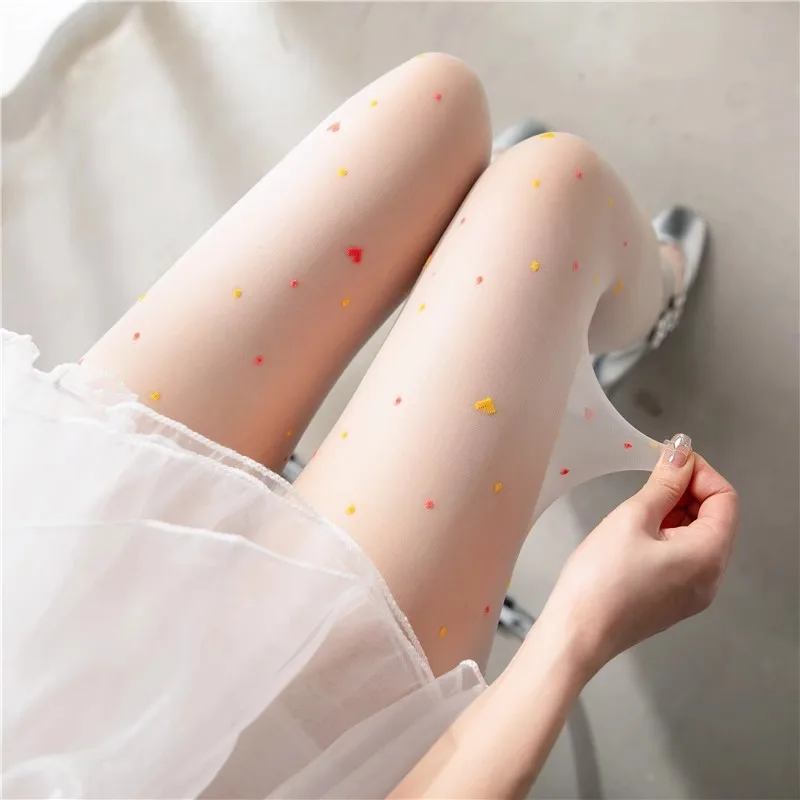 Frauen Ultra Dünne Strumpfhosen Sexy Strumpfhosen JK Strümpfe Bunte Süße Liebe Herz Polka Dots Drucken Transparent Beige Schwarz Leggings – Detail 12