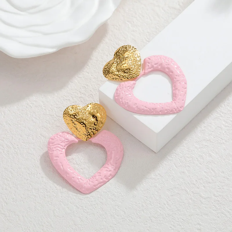 Letdiffery Fashion Heart Drop Earrings For Women Stainless Steel Red Pink Love Pendant Dangle Studs Valentine's Day Jewelry Gift