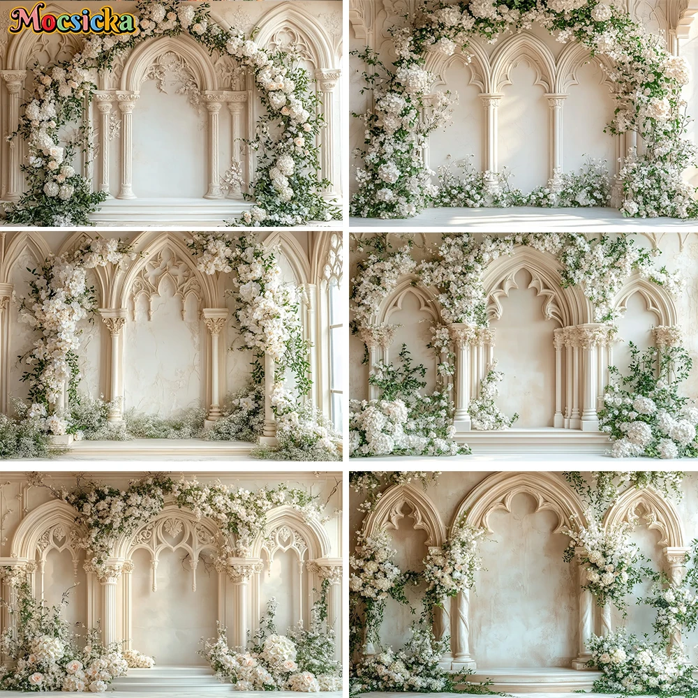 Mocsicka Boho Chic Cream Colored Arch Backdrop Birthday Wedding Party Baby Shower Background White Floral Green Church Photozone
