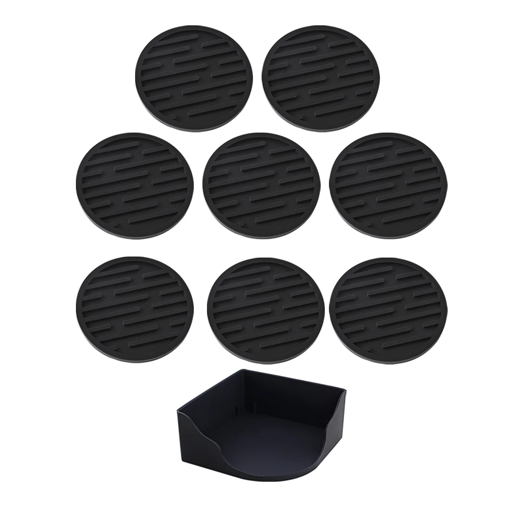 

8pcs Silicone Set Non- Holders Office Desk Coffee Table Black Heat Resistant Drink Mats Round Bottle For Kitchen