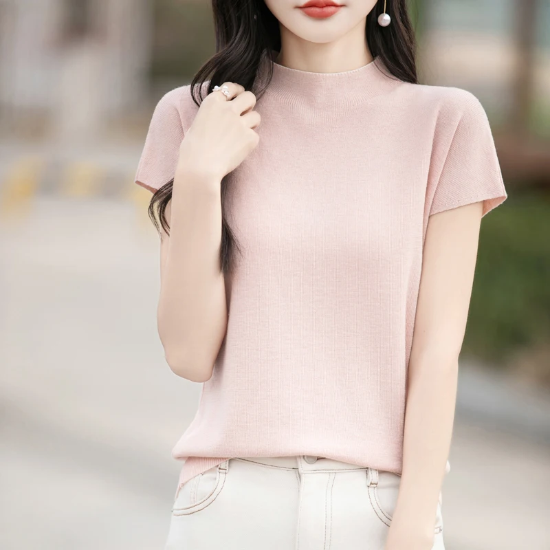2026 Latest 100 Wool Knitted Womens Vest Short Sleeve Batwing Sleeve Shirt Essential fashion Macaron Color Regular Fit Knitwear.