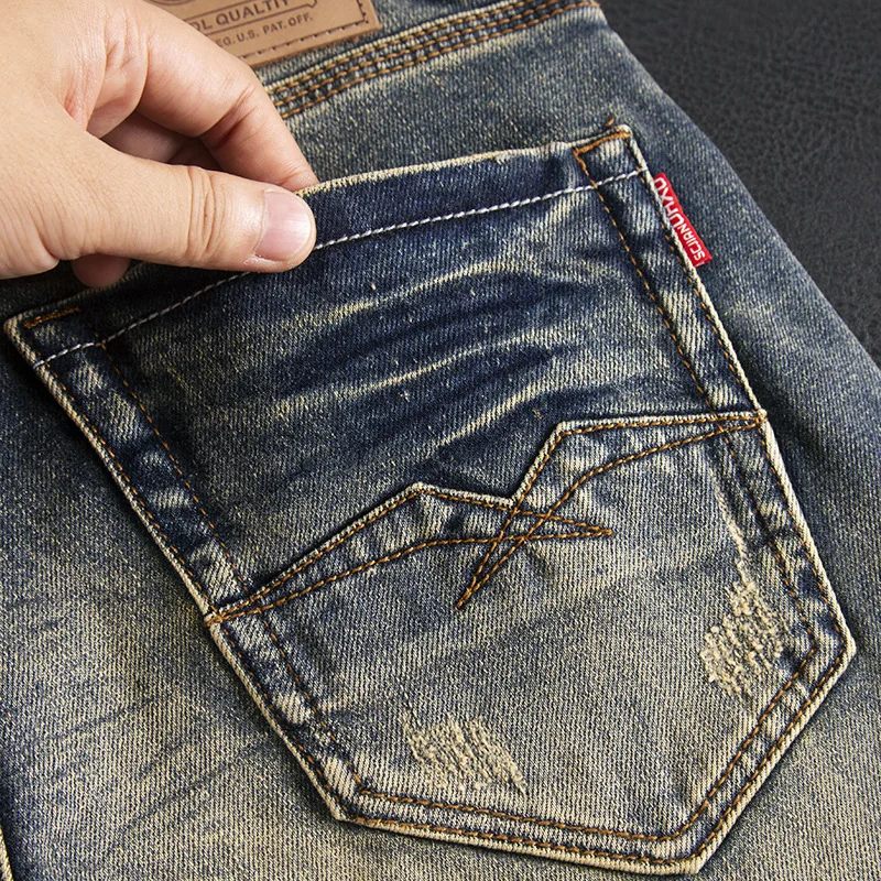 جينز عالي الجودة للرجال، مقاس نحيف مغسول بالحنين الأمريكي القديم، سروال صغير مستقيم مرن للخريف والشتاء عصري