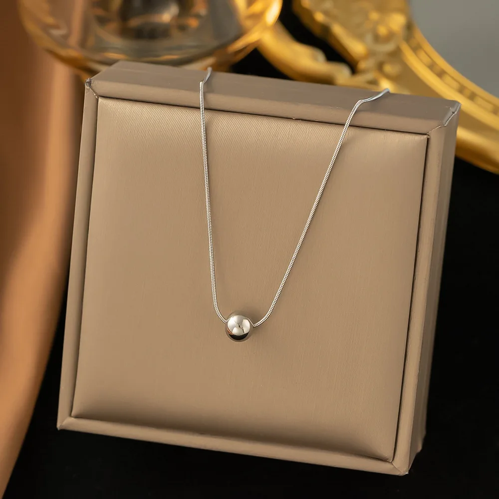 Stainless Steel Round Bead Pendant Necklace For Women Girls Gold Color Classic Simple Clavicle Chain Wedding Party Jewelry Gift