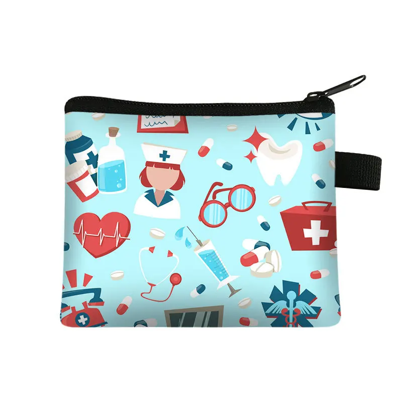 Portamonete portatile con cerniera per stampa da infermiera Porta carte per monete chiave da esterno per ospedale Borsa per auricolari Mini borsa per riporre soldi