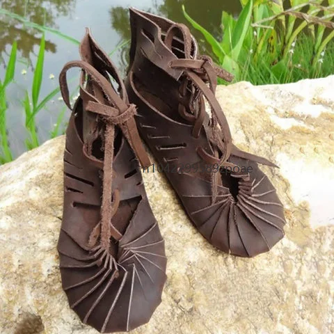 Nuove scarpe cave vintage medievali di Halloween per le donne Nero Marrone Scarpe vichinghe Strega Elfo Cosplay Sandali piatti con lacci Costume