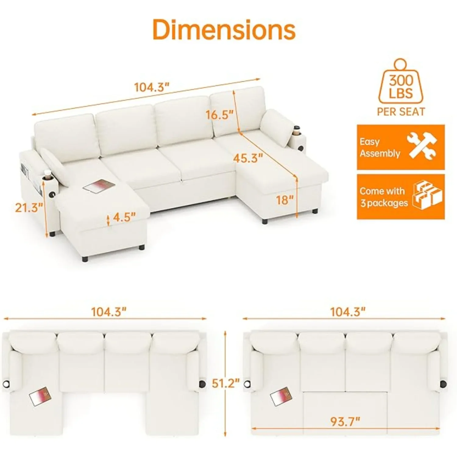 104.3'' U shape Sofa Bed Pull Out Couch Sleeper w/ Double Storage Chaise, U Shaped Convertible Sectional Sleeper Sofa