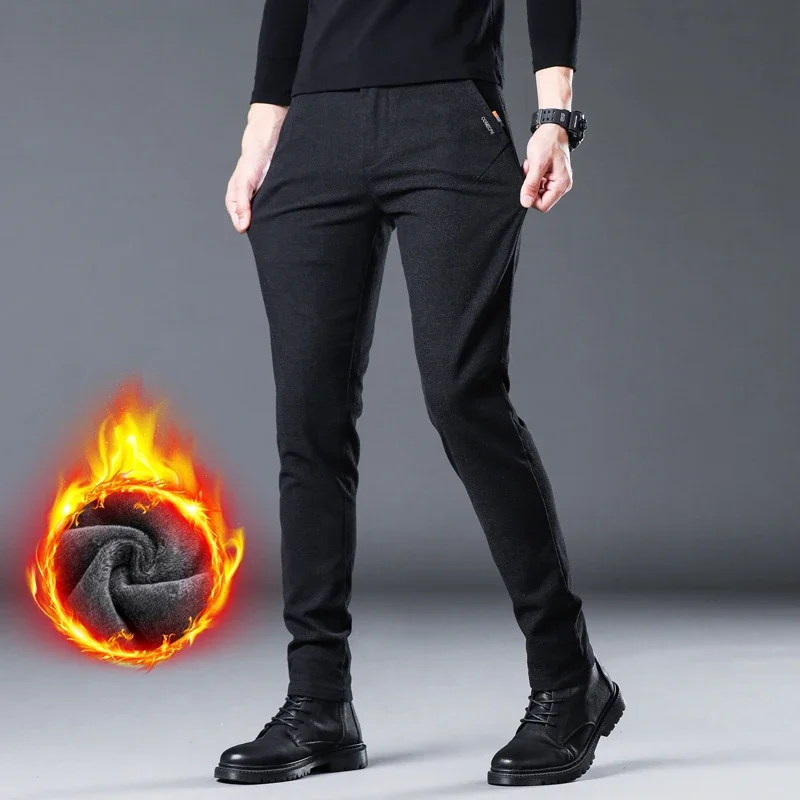 

Winter Fleece Warm Slim Men Casual Pants 2024 New Thickened Velvet Trousers Young Men's Clothing Stretch Straight Brushed Pants