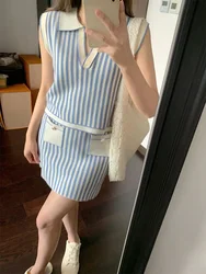 New French Knitted Stripe 2 Piece Set Sleeveless Polo Neck Tank Top + Mini Skirt 2024 Summer Temperament Fashion Suit Women