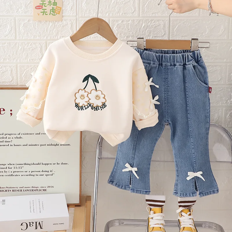 Autumn Kids Girls 2PCS Clothes Set Embroidery Flowet Knotbow Sweatshirts Stretch Jeans Suit Toddler Baby Girls Outfits