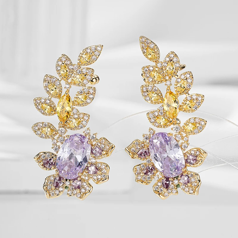 

Роскошные серьги с цветочным цирконом для женщин. Изысканные позолоченные серьги с большим овальным фиолетовым цирконом и желтым кристаллом для свадьбы.