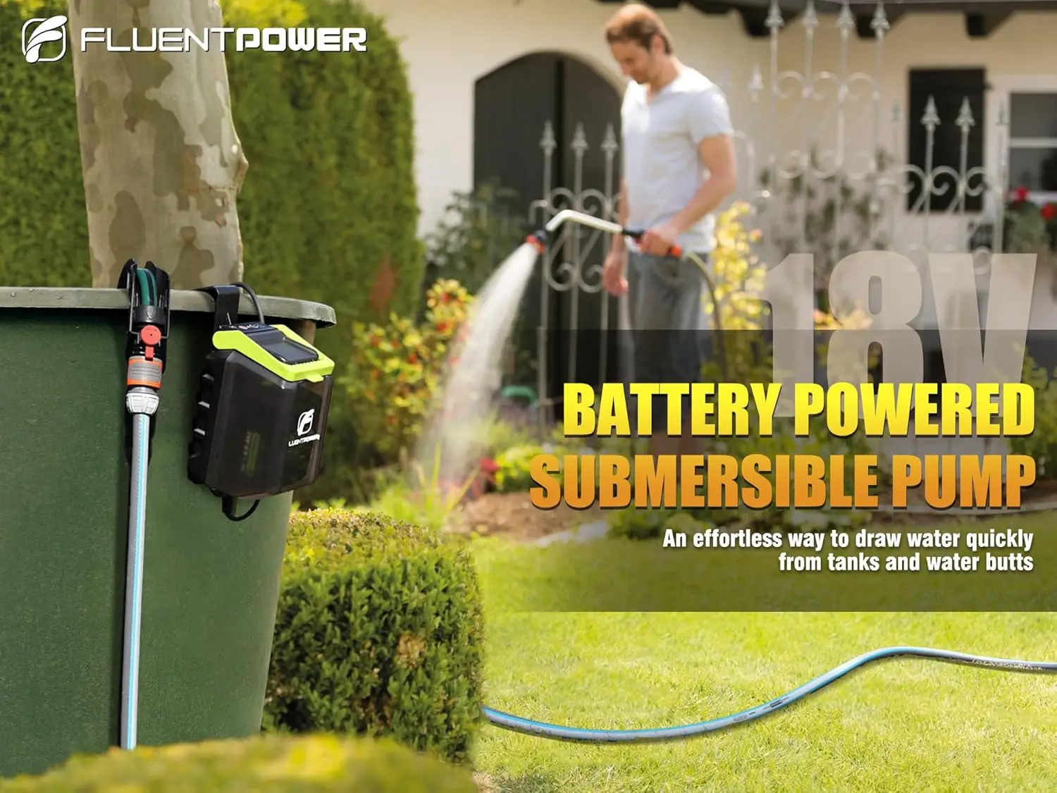 FLUENTPOWER Cordless Submersible Water Pump Kit, 18V Battery Operated Rain Barrel Pump 530GPH, Max 2 Bar, Portable Transfer Pump