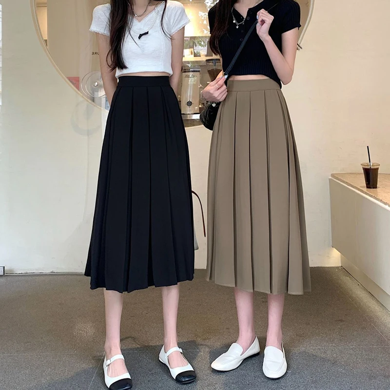 

Spring Summer Pleated Midi Skirts for Women College Style Loose A Line Skirt Woman Solid Color High Waist Long Skirt 2023