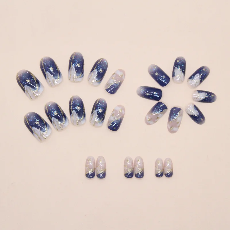 24pcs Smudging Blue False Nails Gentle Almond Gold Star Patterns Press On Nails Romantic Wearable Fake Nail Spicy Girl Manicure